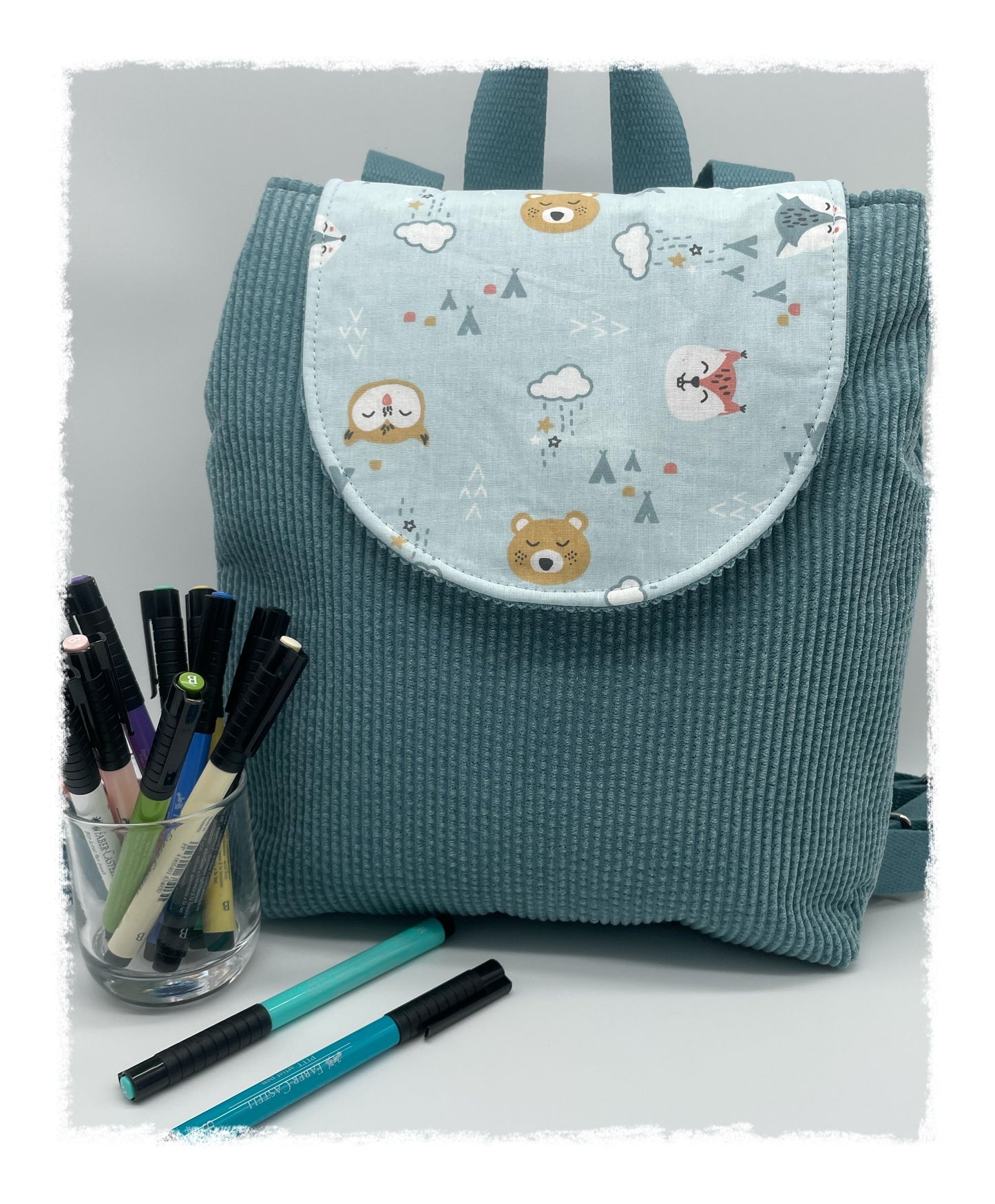 Sac à dos Choupy Velours vieux vert imprimé oursons et renards