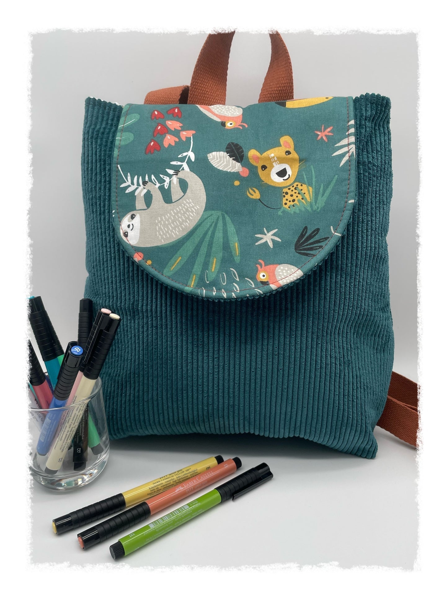 Sac à dos Choupy Velours vert foncé et imprimé animaux jungle