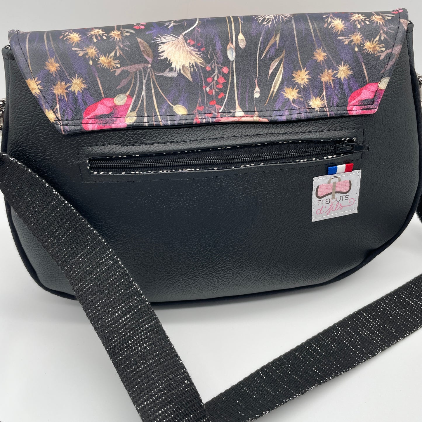 Sac bandoulière Zamara simili fleuri et noir uni